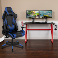 Flash Furniture BLN-X20RSG1030-BL-GG Red Gaming Desk and Blue Reclining Gaming Chair Set with Cup Holder and Headphone Hook